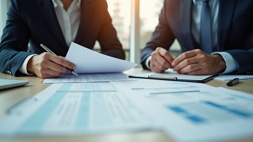 Close-up view of a tax professional reviewing documents with a client