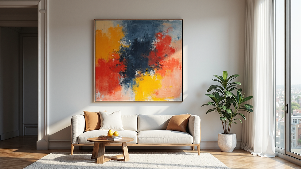 Eye-level view of a vibrant abstract painting displayed in a modern interior setting