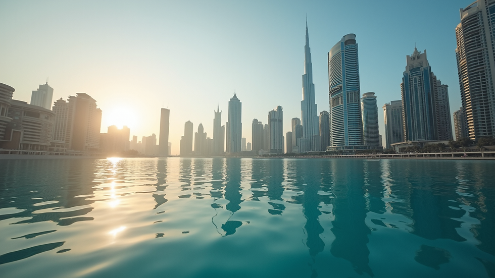 Eye-level view of Dubai Marina skyscrapers reflecting in water