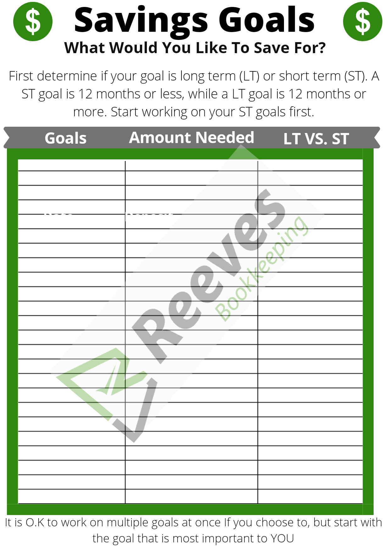 Savings Goals Printable
