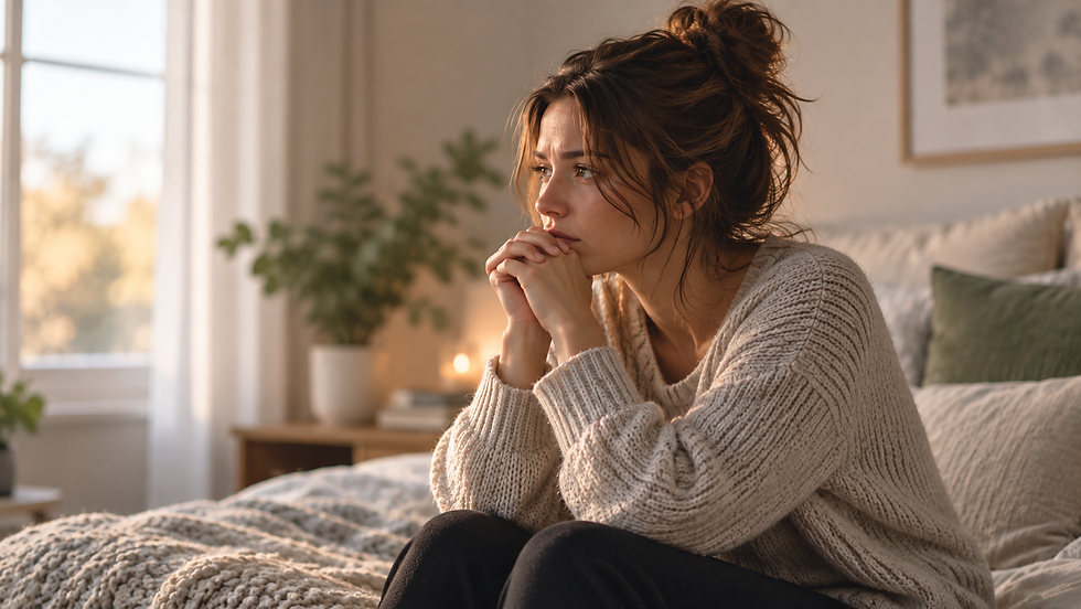 Woman sitting thoughtfully at home experiencing anxiety and intrusive thoughts associated with OCD