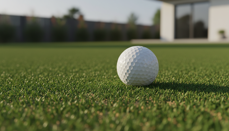 Close-up view of a golf ball resting on dense putting turf with sand infill between the fibers.