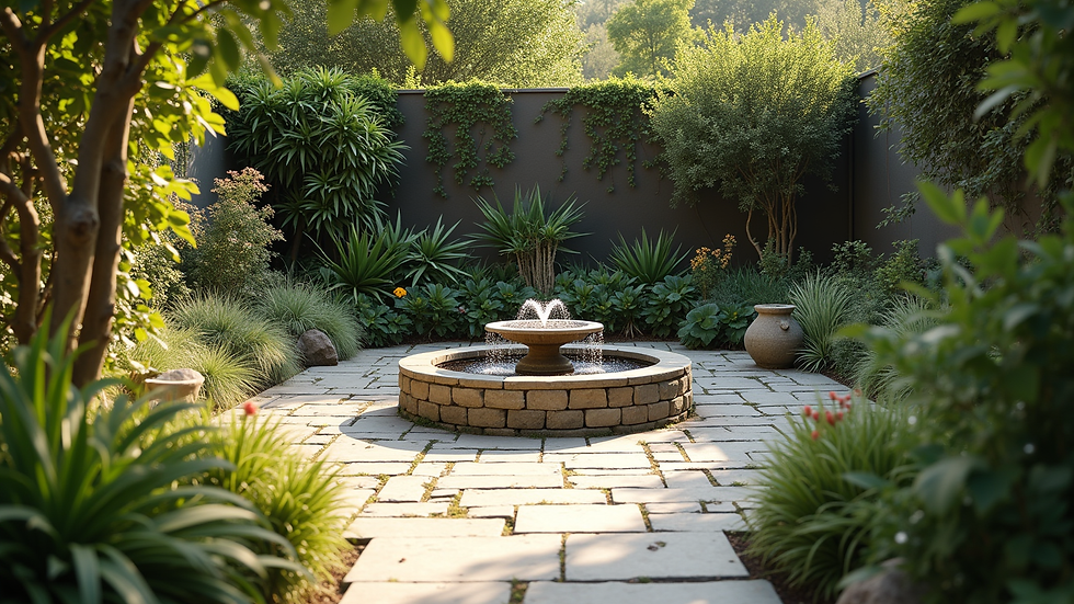 High angle view of a backyard with native plants and a small water fountain