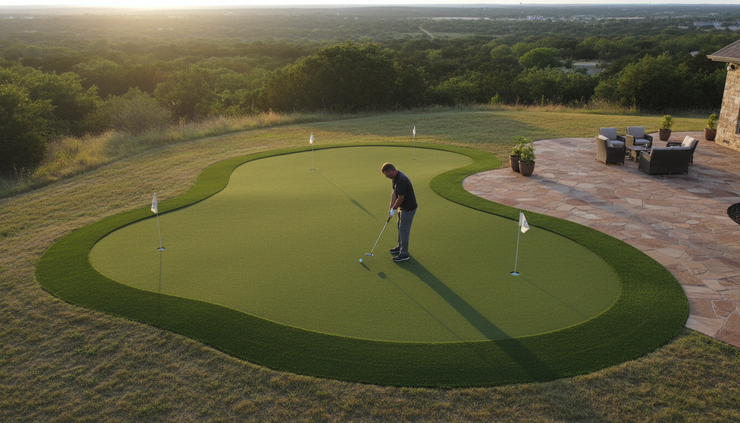 Overhead view of a golfer practicing on a residential putting green with multiple cup locations and fringe.