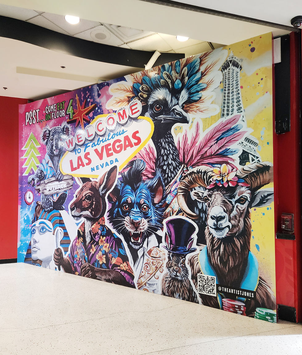 Colorful mural at the Outback Steakhouse in Las Vegas (3785 Las Vegas Boulevard), featuring vibrant animal characters and iconic Vegas imagery.