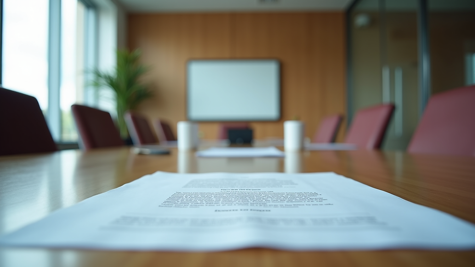 Eye-level view of a modern office conference room with legal documents on the table