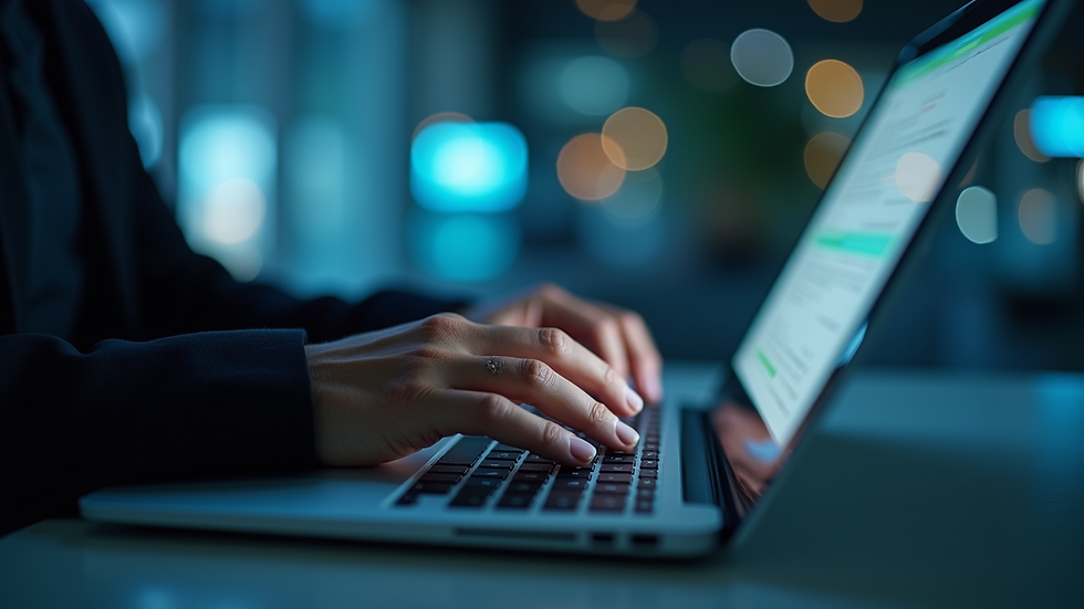 Close-up view of a cybersecurity analyst working on a laptop