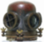 Close-up view of a vintage diving helmet on display