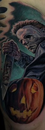 Michael Myers with knife and pumpkin halloween 1978 color realism