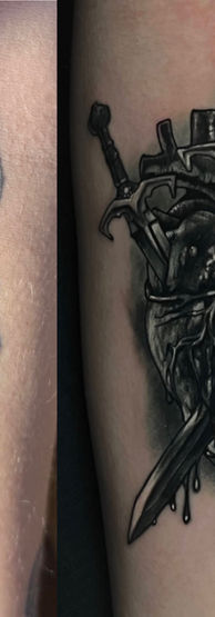 swords crossing through a human heart in black and white