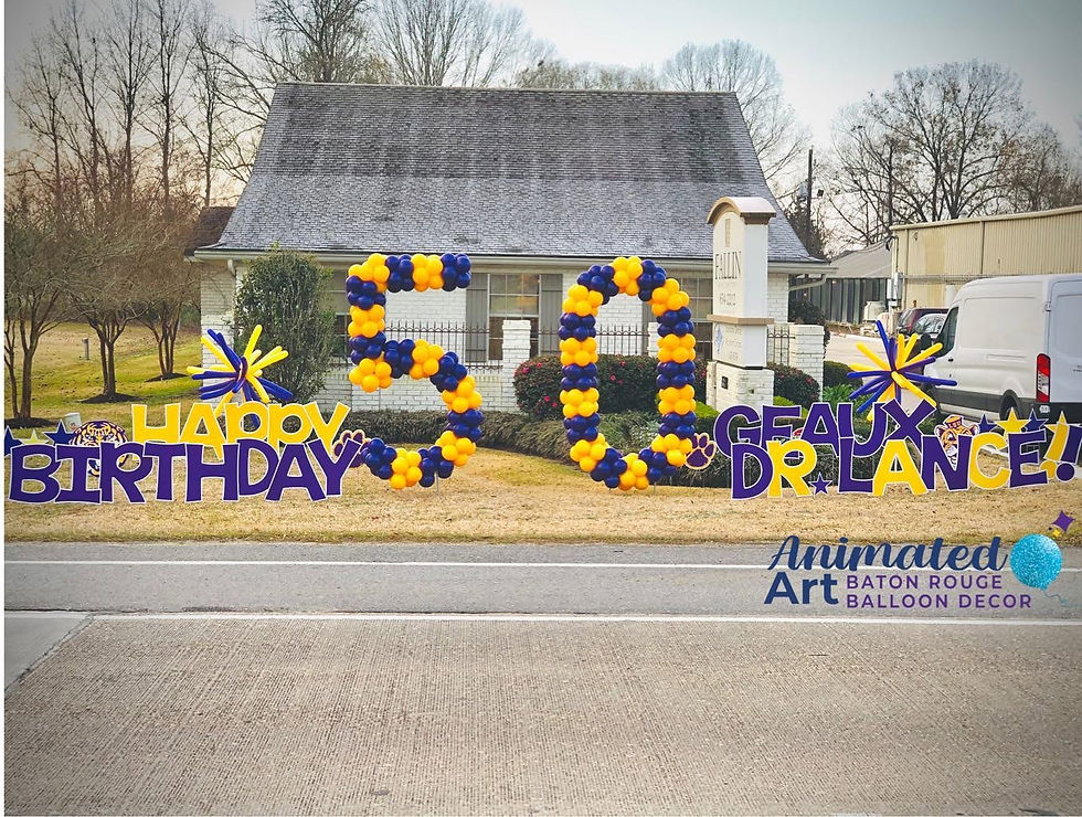 Yellow and purple balloons making 50 number in the front yard with happy birthday sign on the left side. Geaux Dr. Lance sign on the right side of 50 in Baton Rouge.