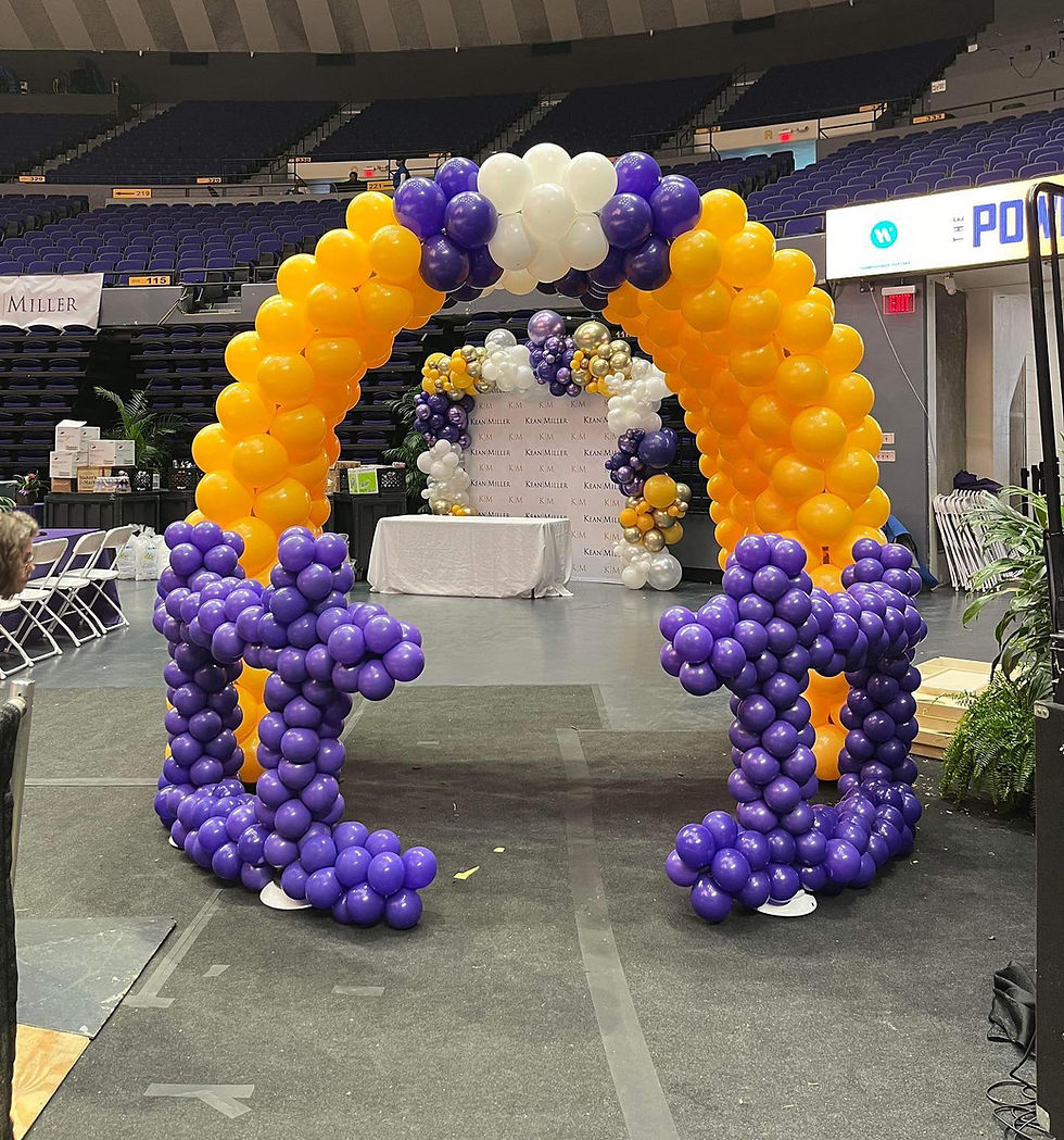 LSU colored football helmet with opening in facemask to walk through. 