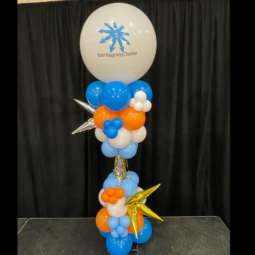 Single blue and orange balloon column with black backdrop.