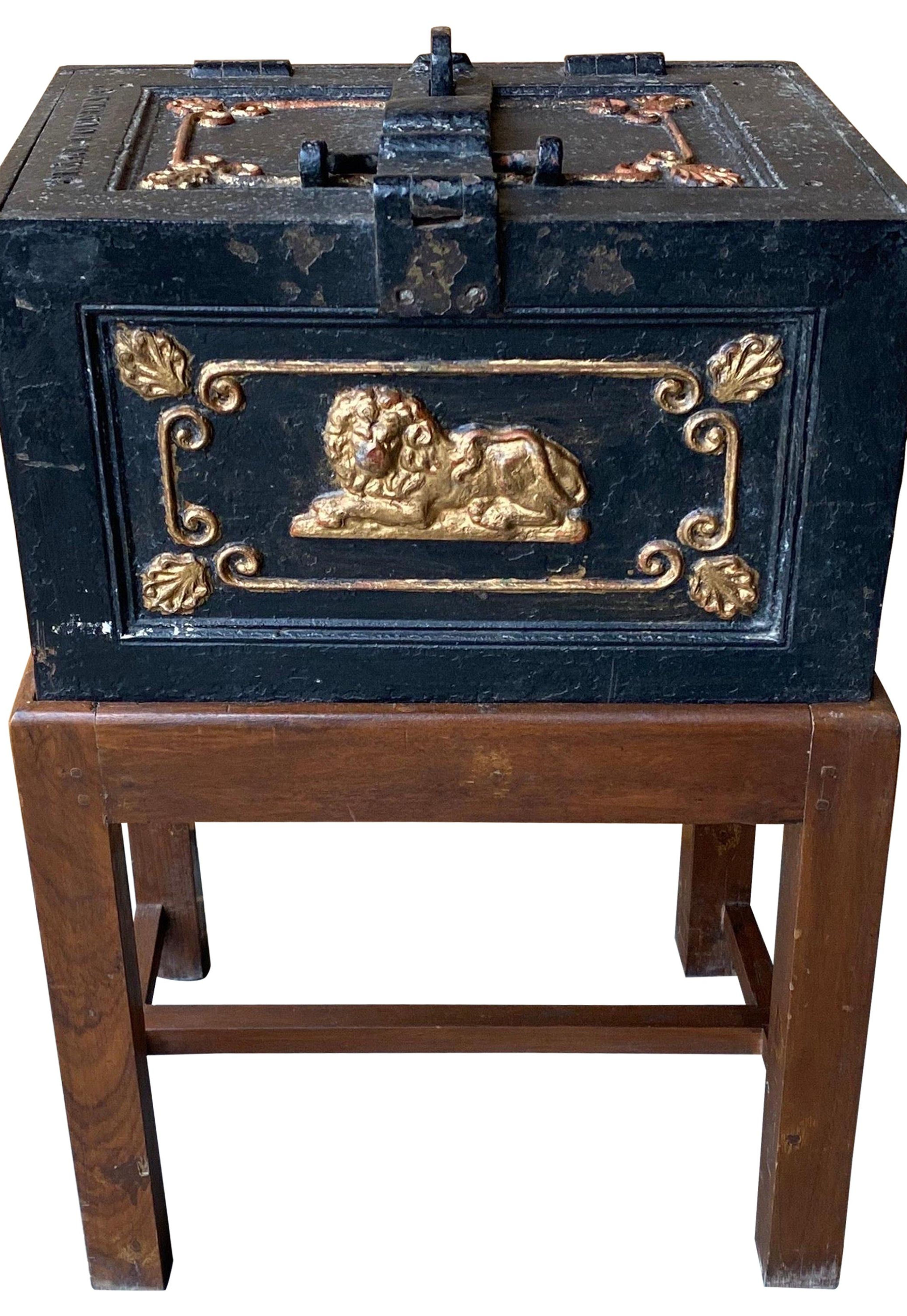 Late 19th Century English Iron Strongbox on Stand as a Table with Key