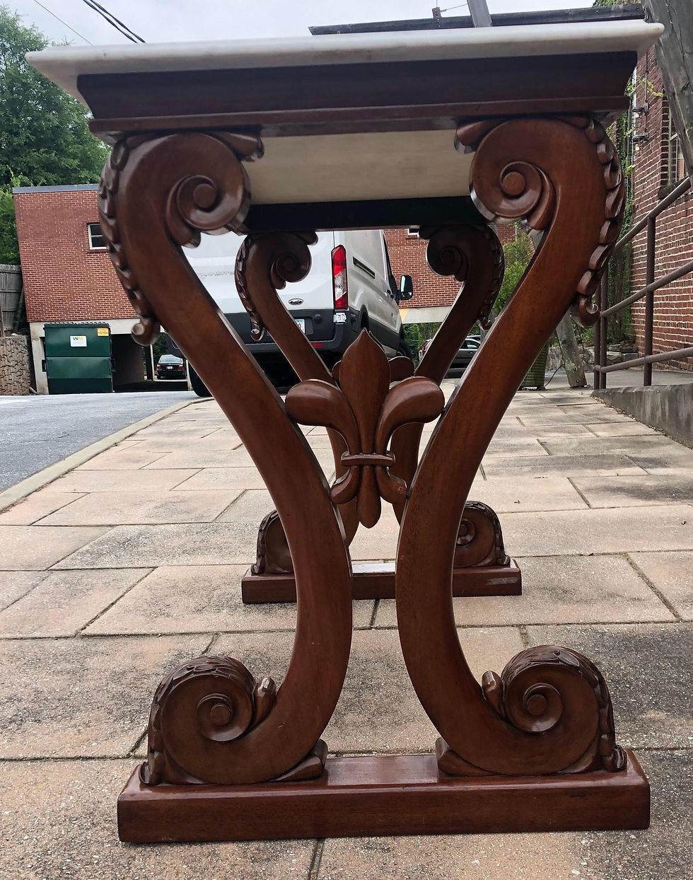 Thumbnail: 19th century Irish William IV Marble-Top Mahogany Hall Table with Fleur de Lys