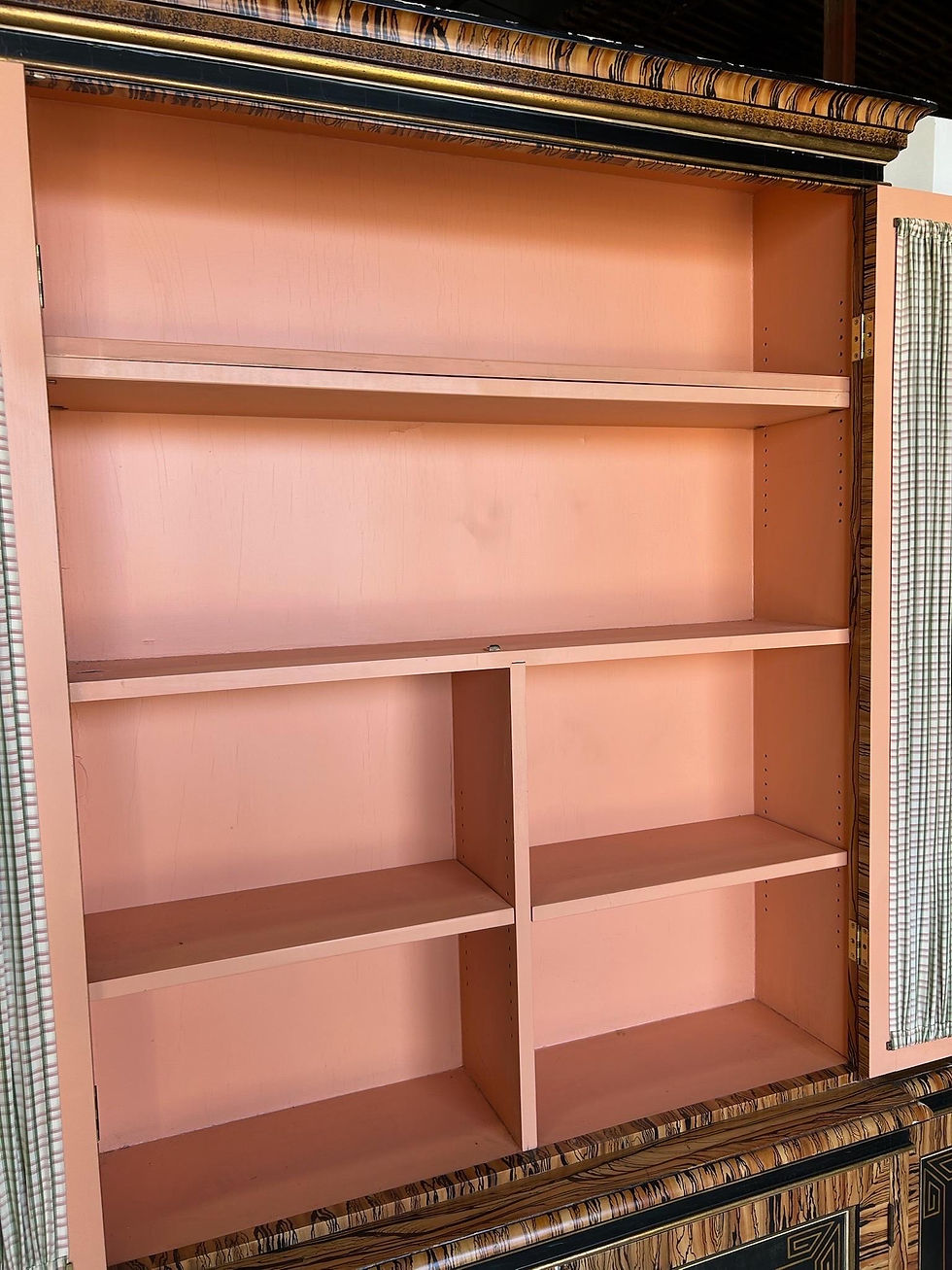 Thumbnail: Fabulously faux painted breakfront bookcase with coral interior