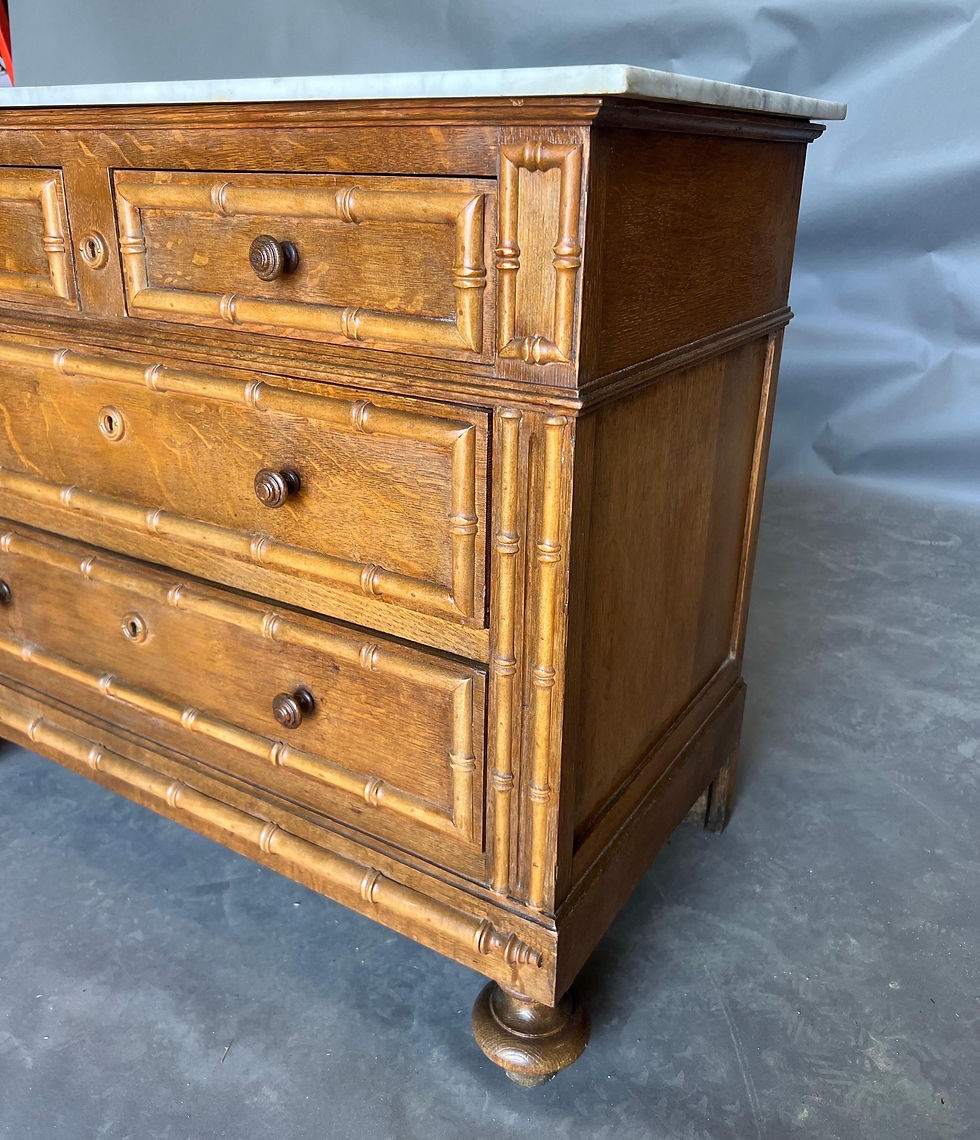 Thumbnail: 19th century English faux bamboo marble top bedside chest