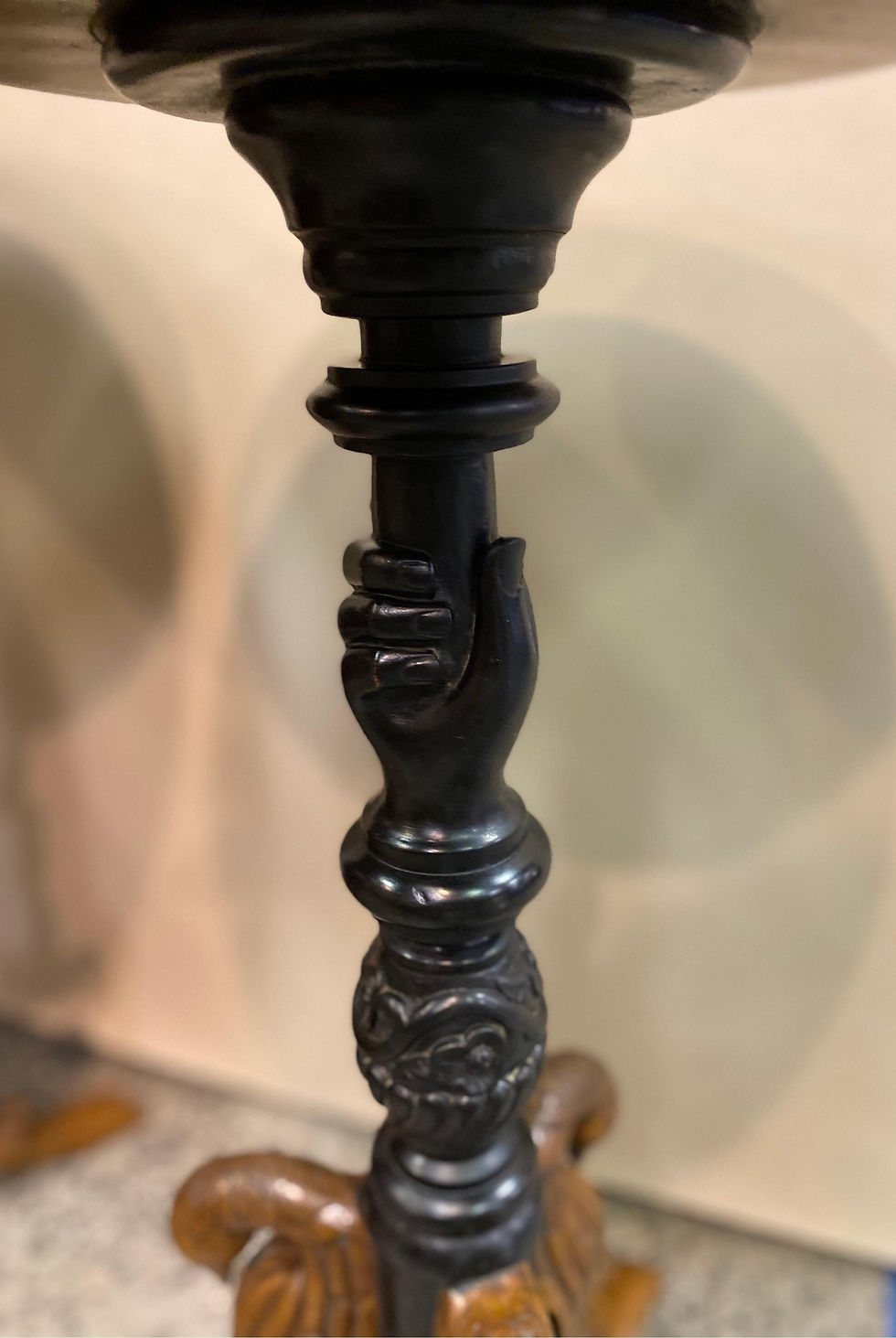 Thumbnail: Pair of British Colonial Specimen Top Teapoys with Carved Swans and Hands