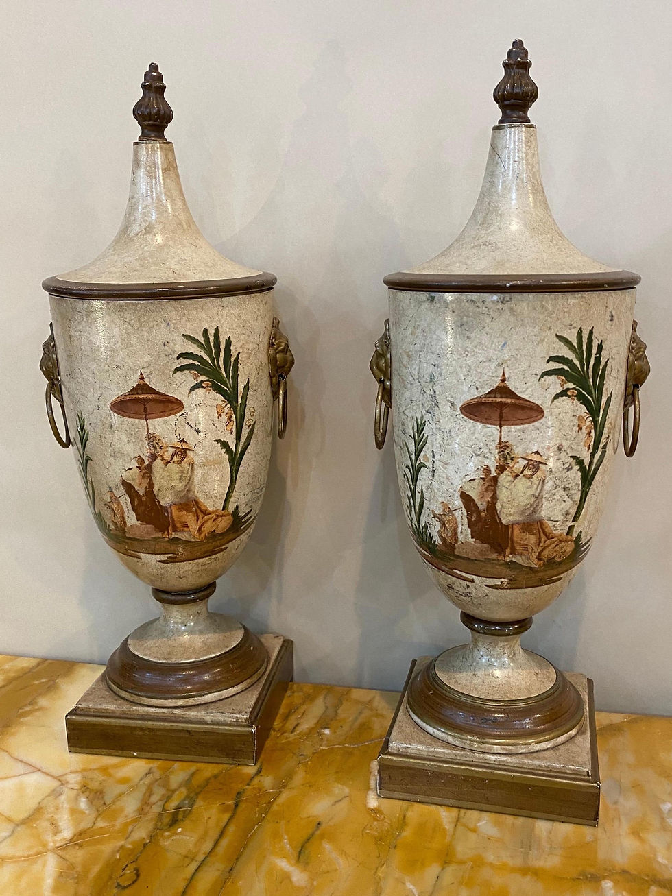 Thumbnail: Pair of Italian Made Vintage White Chinoiserie Style Chestnut Urns