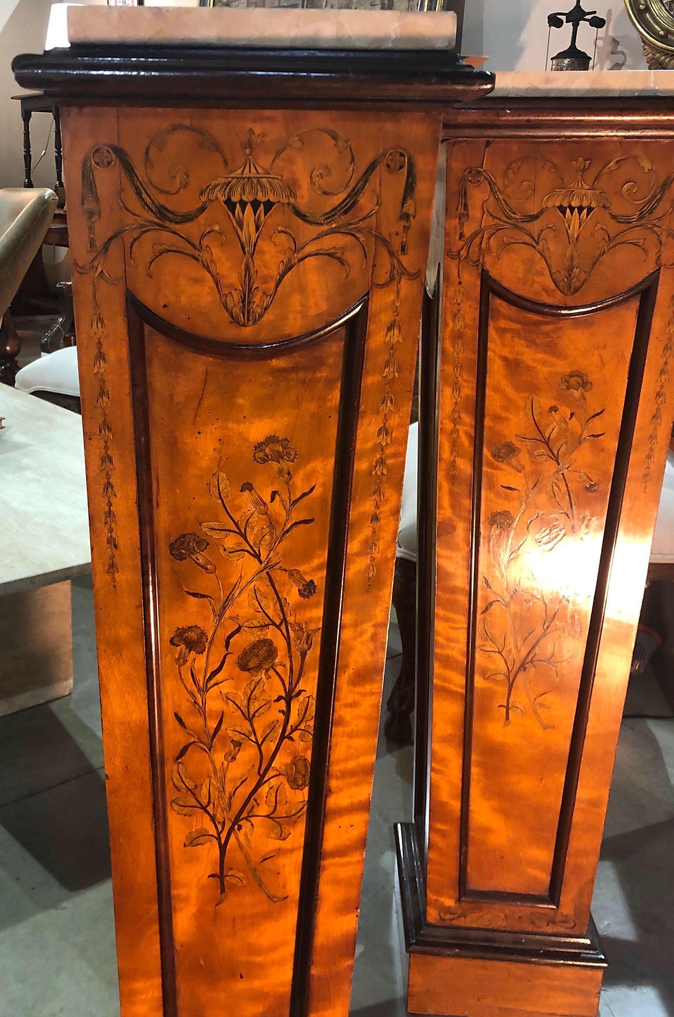 Thumbnail: 18th Century Satinwood Pedestals with Marble Tops