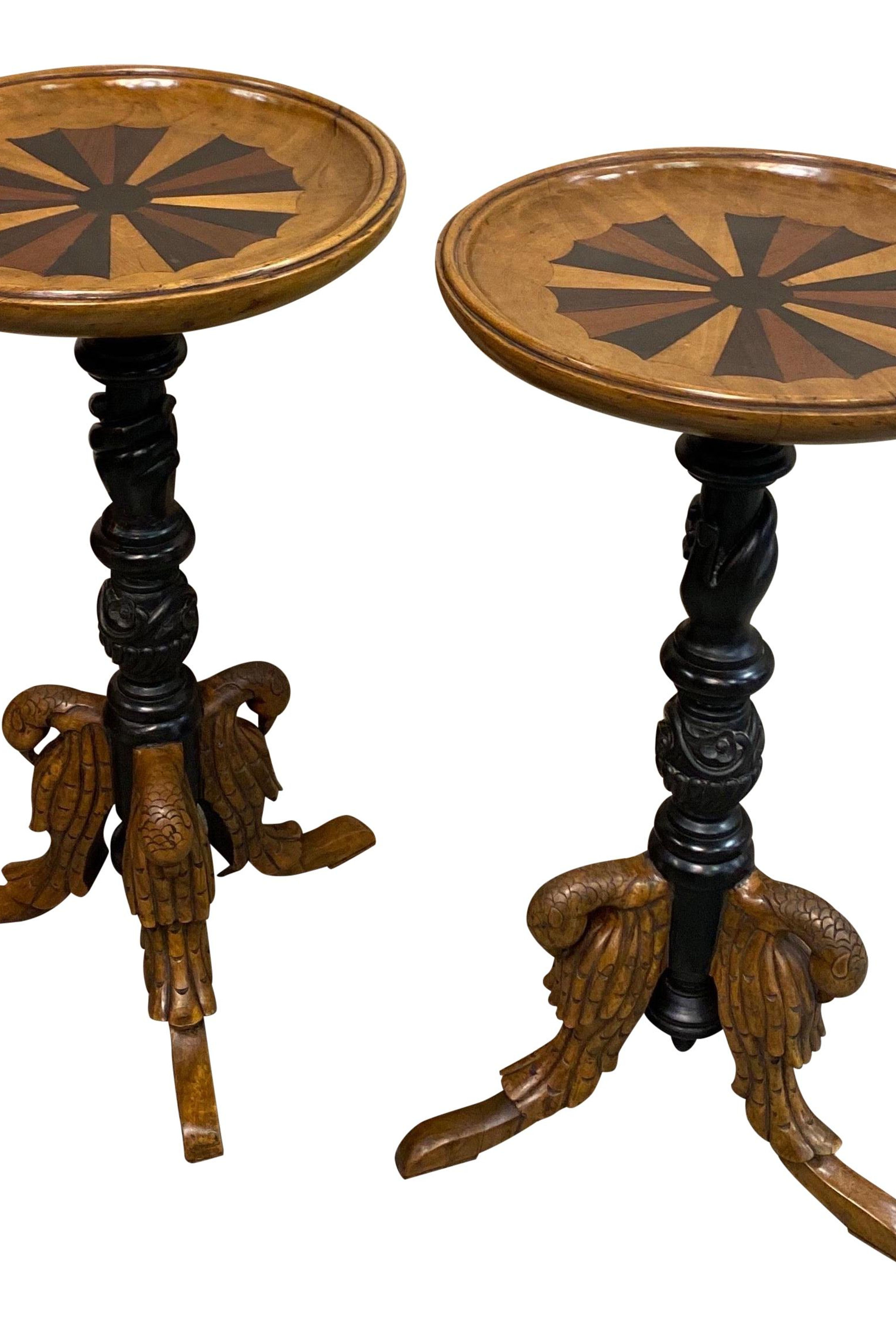 Pair of British Colonial Specimen Top Teapoys with Carved Swans and Hands