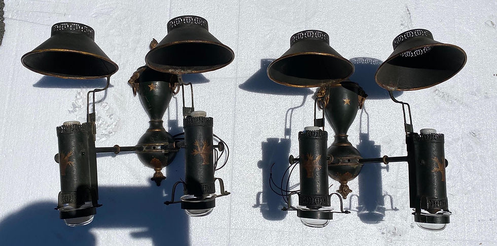 Thumbnail: Pair of 19th Century Regency Double Light Paint Decorated Tole Sconces