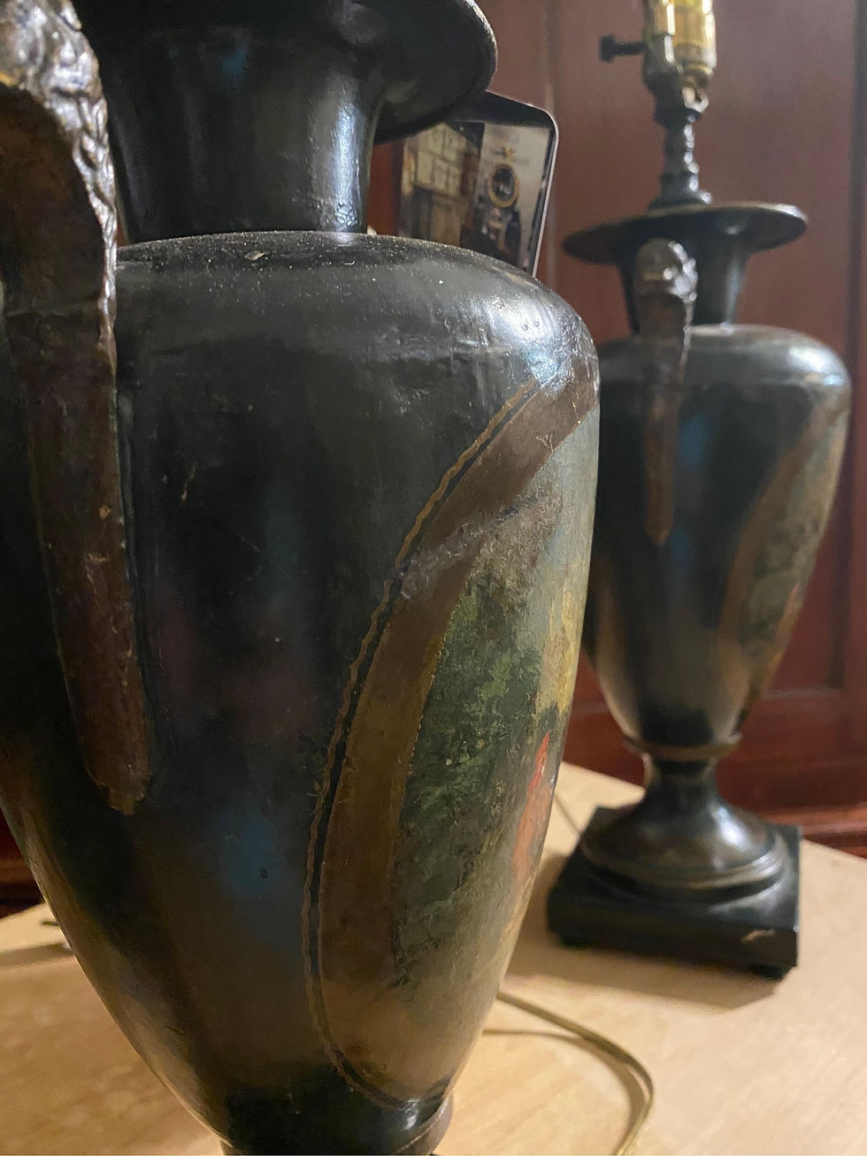 Thumbnail: Pair of Polychrome Tole Lamps with Scenes of Pheasants and Chickens