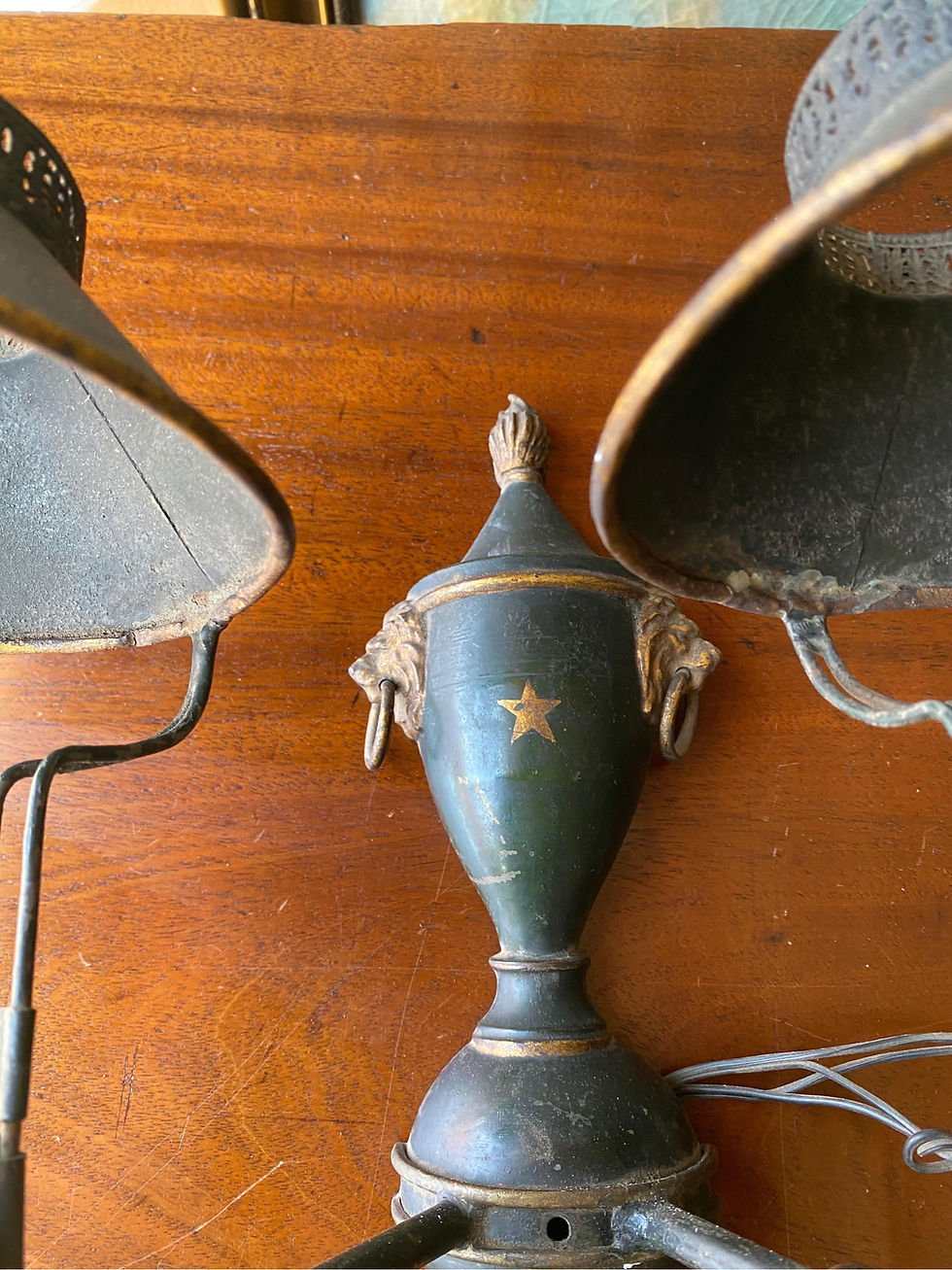 Thumbnail: Pair of 19th Century Regency Double Light Paint Decorated Tole Sconces
