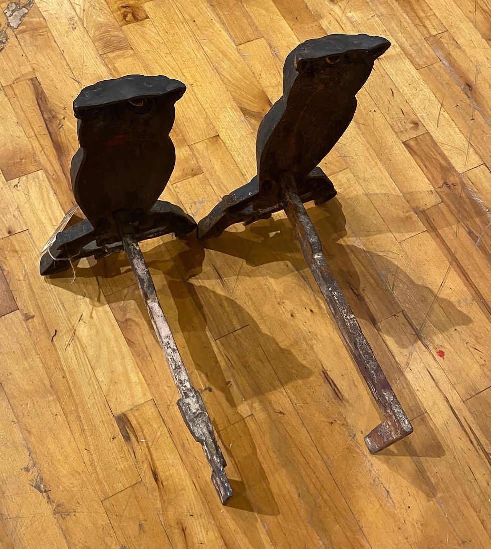 Thumbnail: 19th Century Cast Iron Owl Andirons with Glass Eyes