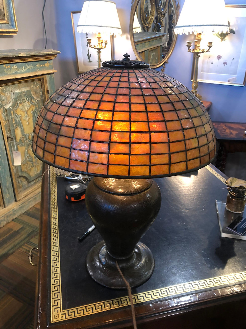 Thumbnail: Signed Tiffany Lamp- Pine Needle Base with an Intact Amber Geometric Shade