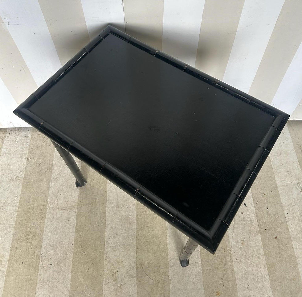 Thumbnail: 19th Century French Faux Bamboo Black Side Table with Drawer and Flared Feet.