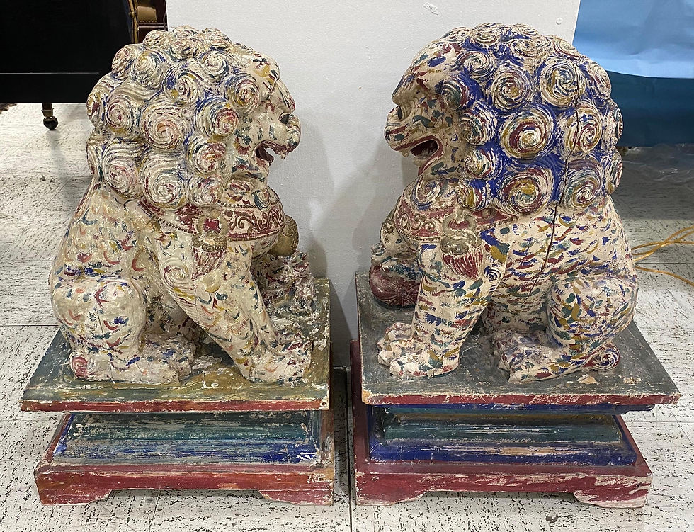 Thumbnail: Great Pair of Polychrome Carved Wood Foo Dogs