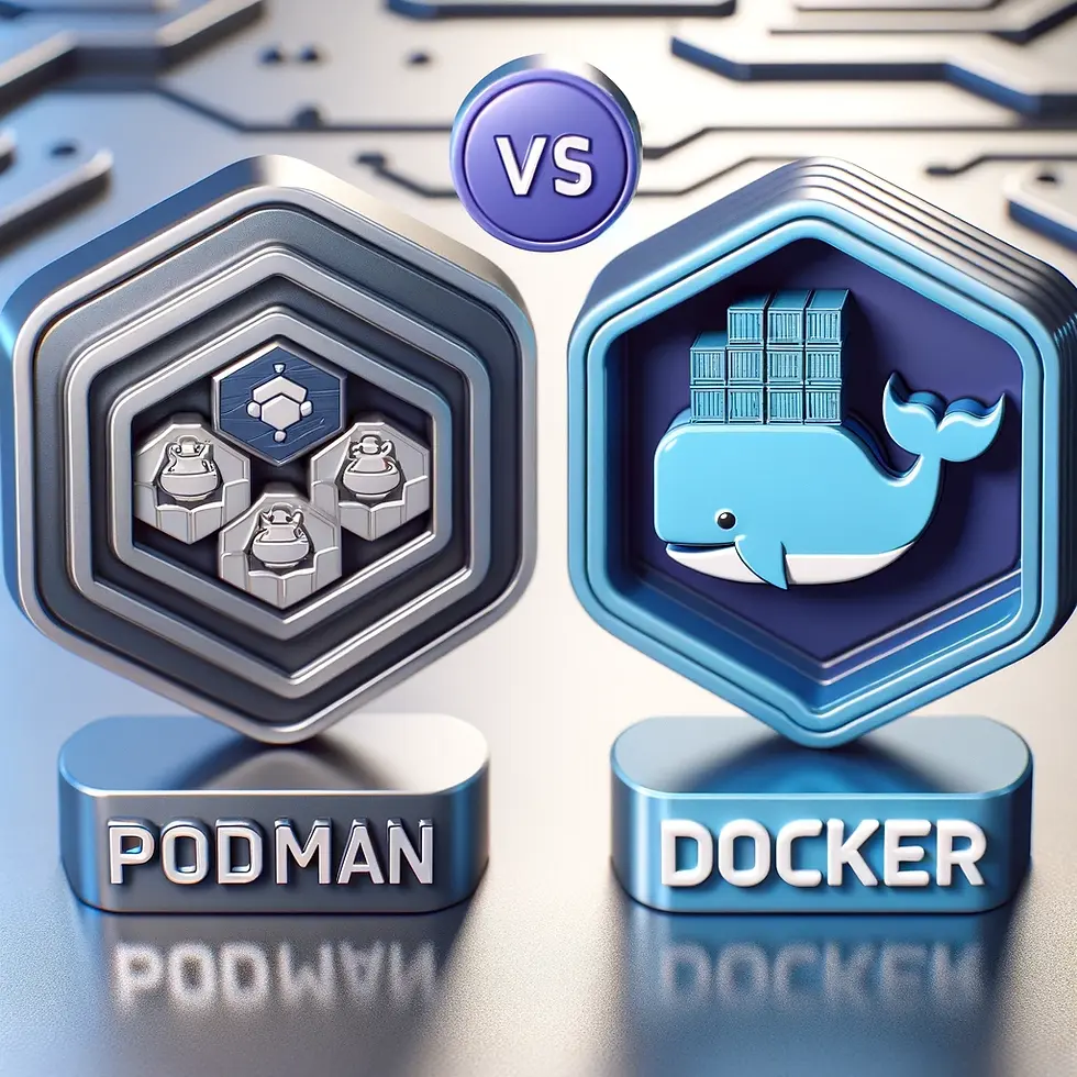 A comparison between Podman and Docker, represented by two high-quality emblems. On the left, the Podman emblem features a stylised container icon, and on the right, the Docker emblem features a blue whale symbolising the Docker platform. The word "VS" is placed between the two.
