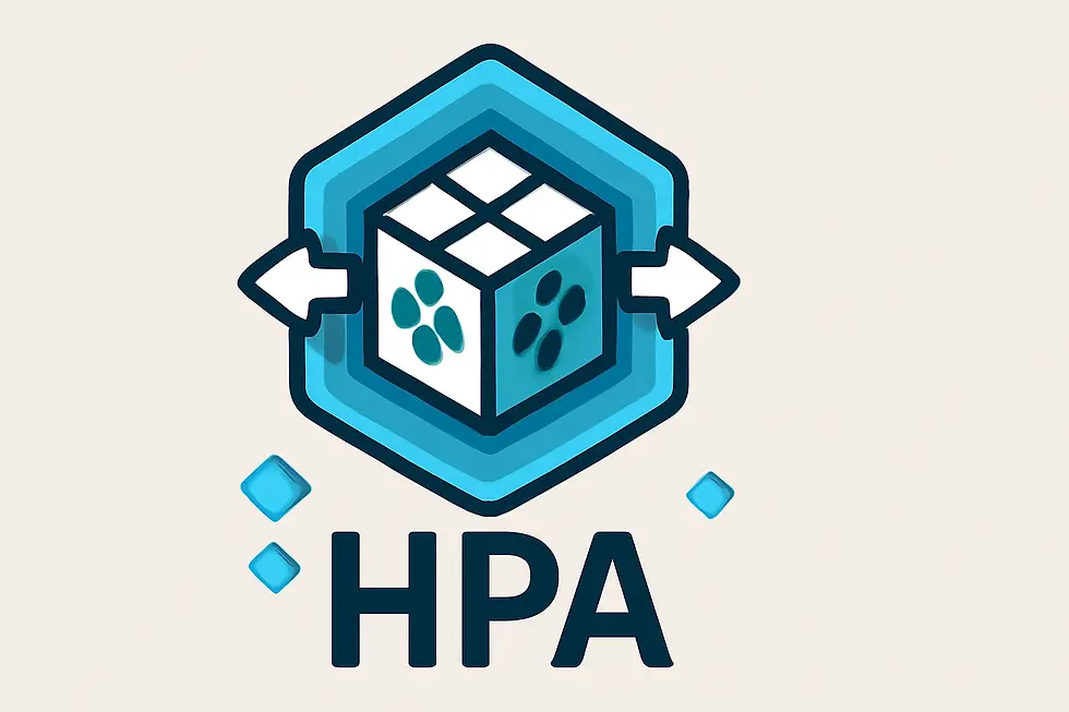 An icon representing the Kubernetes Horizontal Pod Autoscaler (HPA) with a blue hexagon, a white cube inside, and arrows on either side symbolising pod scaling.
