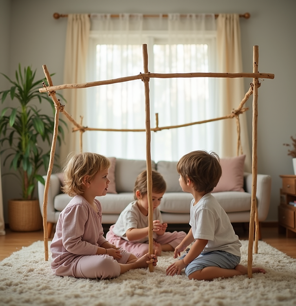 Niños construyendo un gran fuerte con varillas y paneles en la sala de estar.png