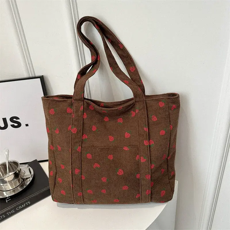 Thumbnail: Corduroy Handbag Strawberries Beach Bag Fashionable Versatile Shoulder Bag