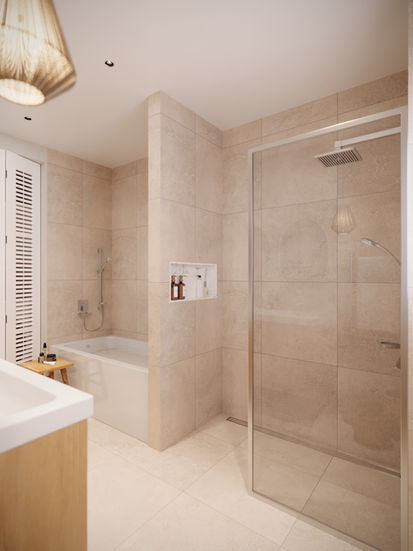 Design optimisé : salle de bain fonctionnelle avec douche, baignoire et rangements.