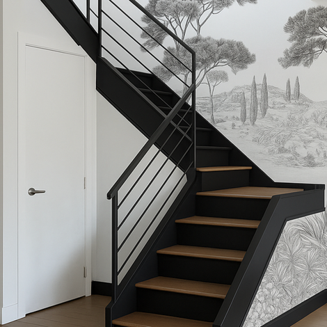 Relooking d’escalier avec papier peint panoramique et peinture des contremarches pour un design audacieux et raffiné.