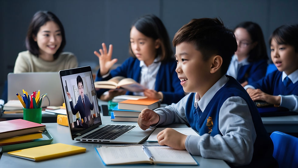 An asian student having fun learning math in his laptop together with other students doing individual work in a classroom