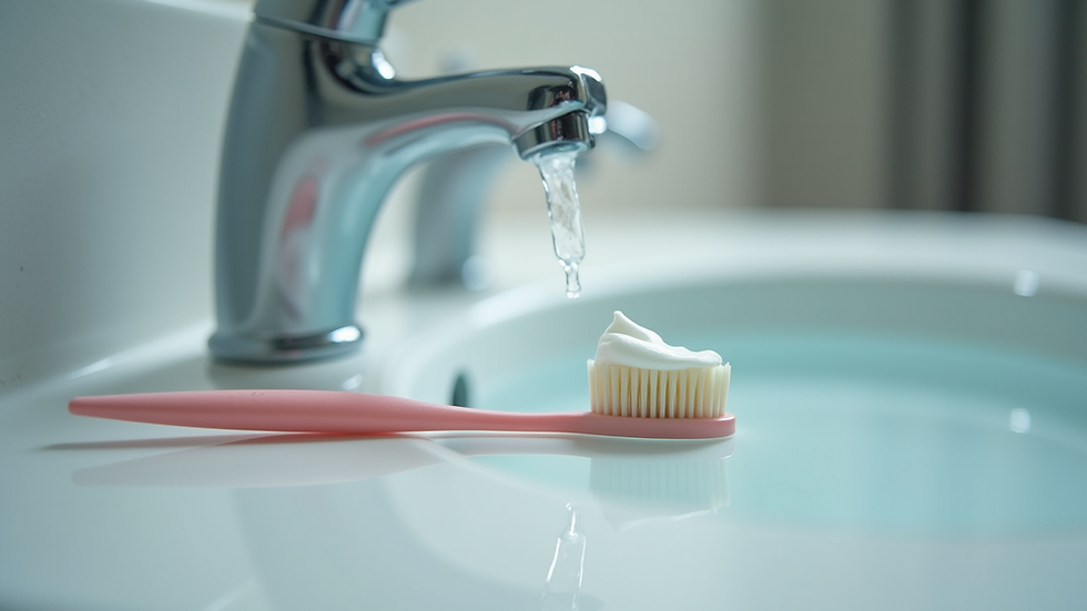 Close-up view of a toothbrush and toothpaste on a bathroom sink