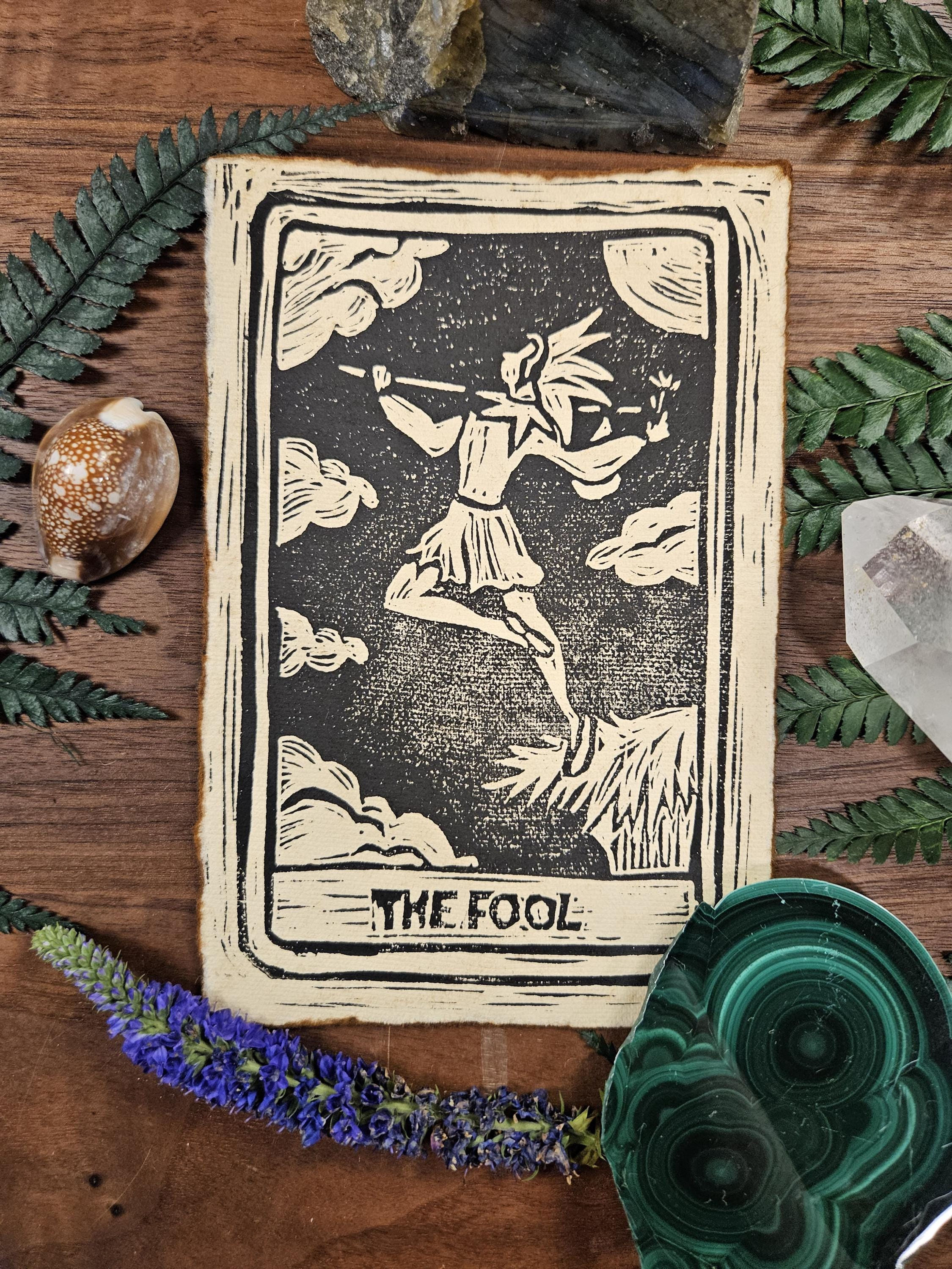 The Fool Block Print Tarot Artwork - Hand-Carved, 4"x6"
