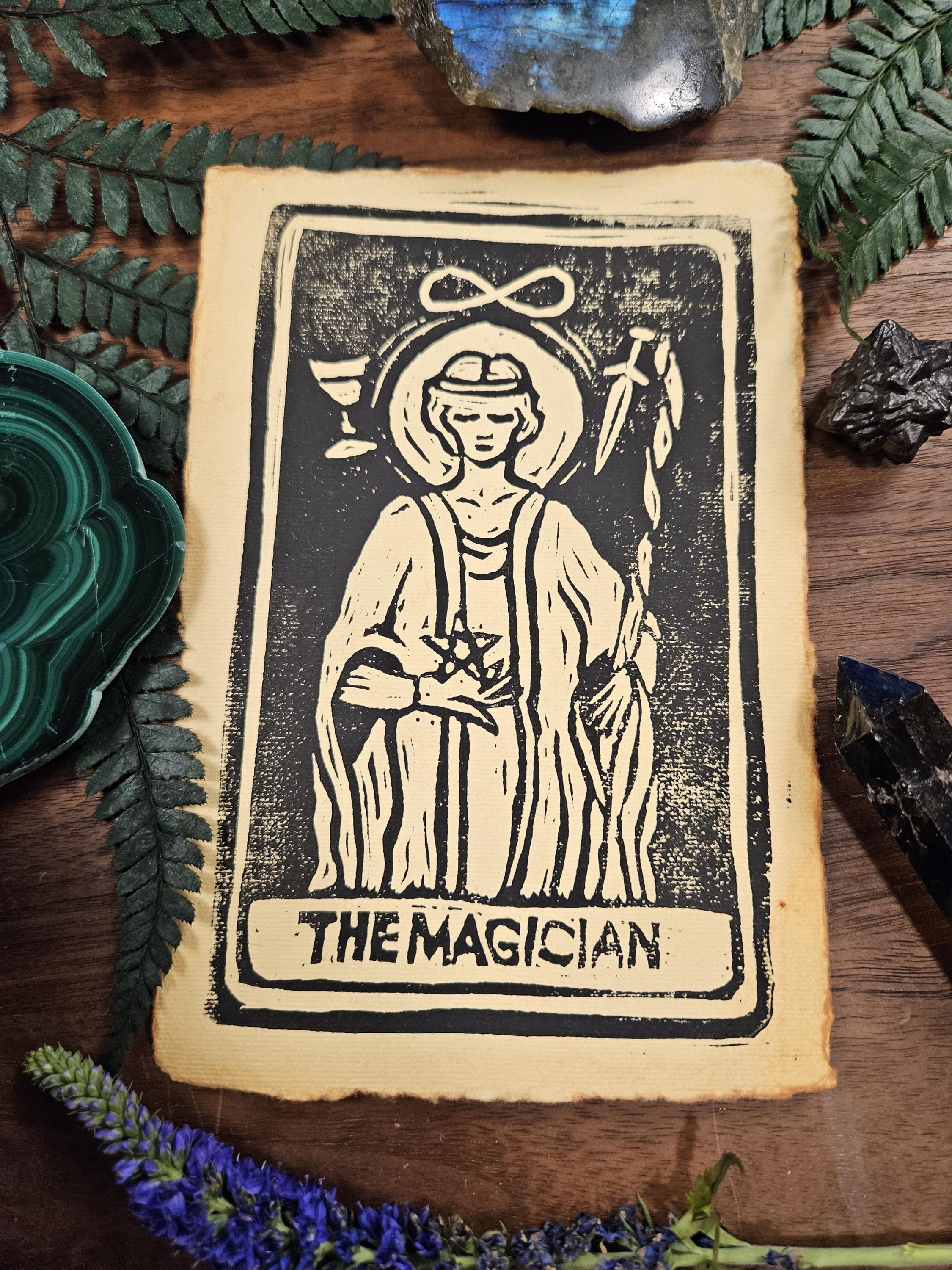 The Magician Block Print Tarot Artwork - Hand-Carved, 4"x6"