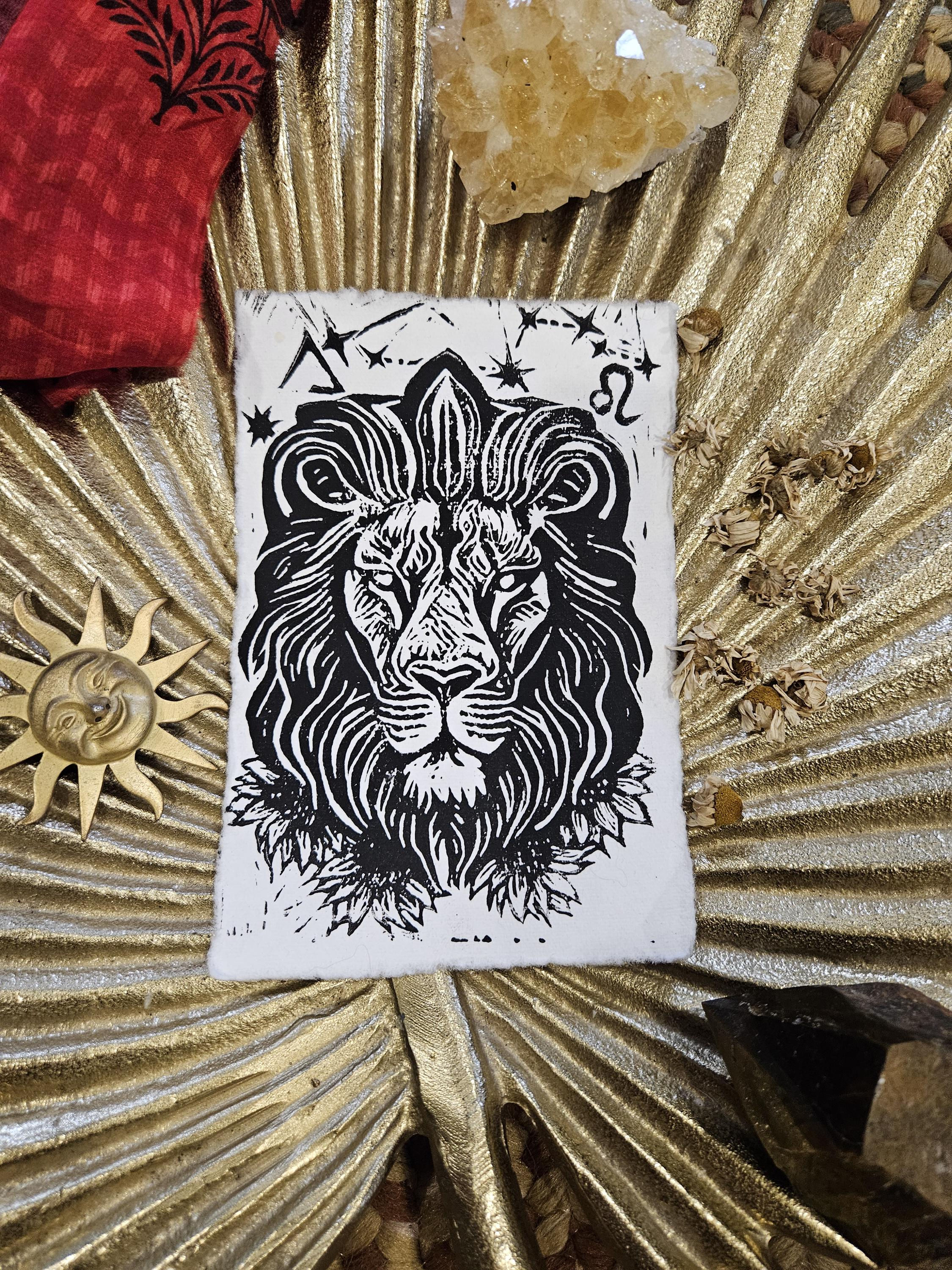 Leo Zodiac Block Print: Lion Art on Parchment Paper (4x6)