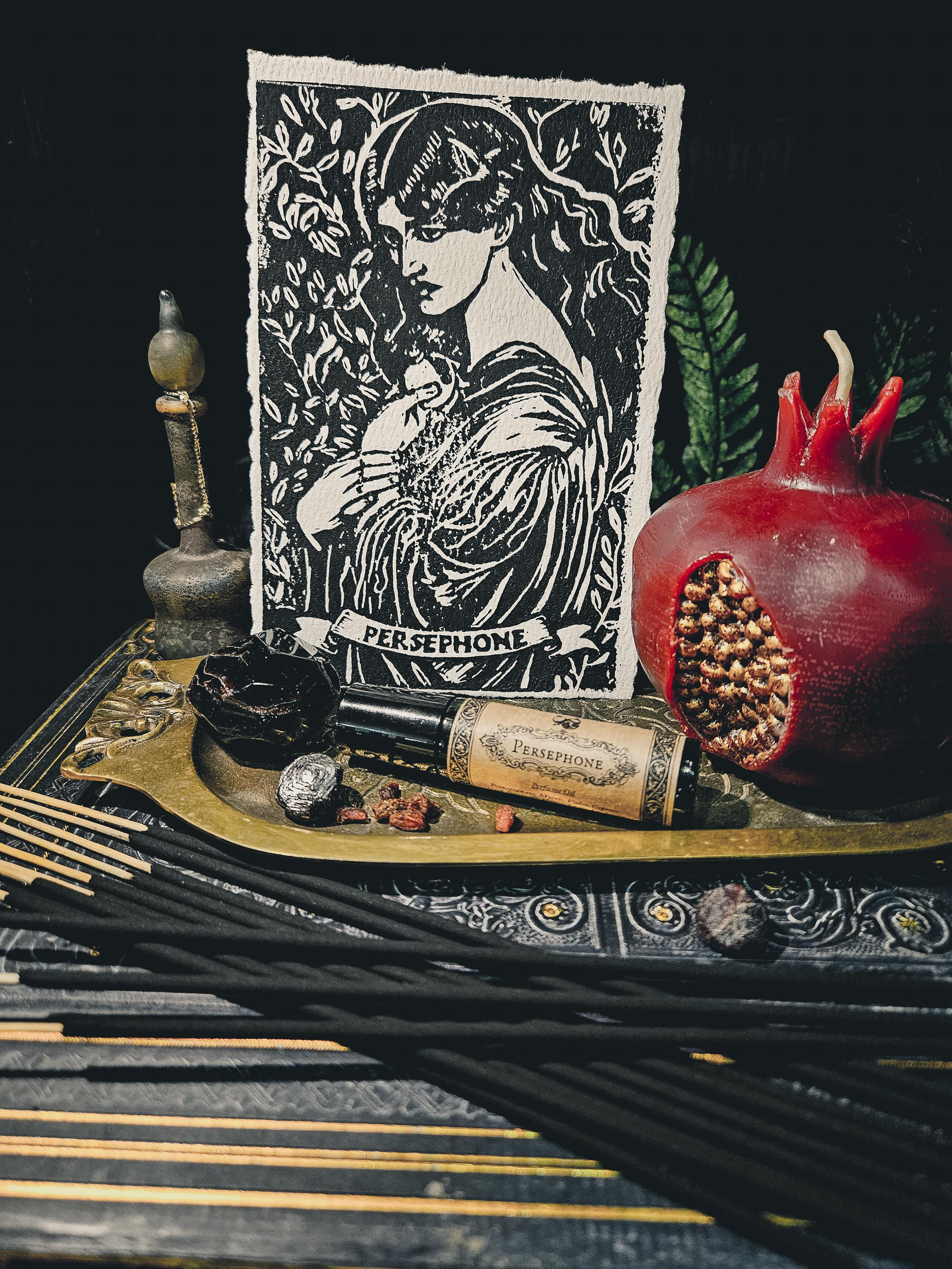 Persephone Altar Set – Pomegranate & Earth Ritual Oil, Incense, Hand-Pulled B...