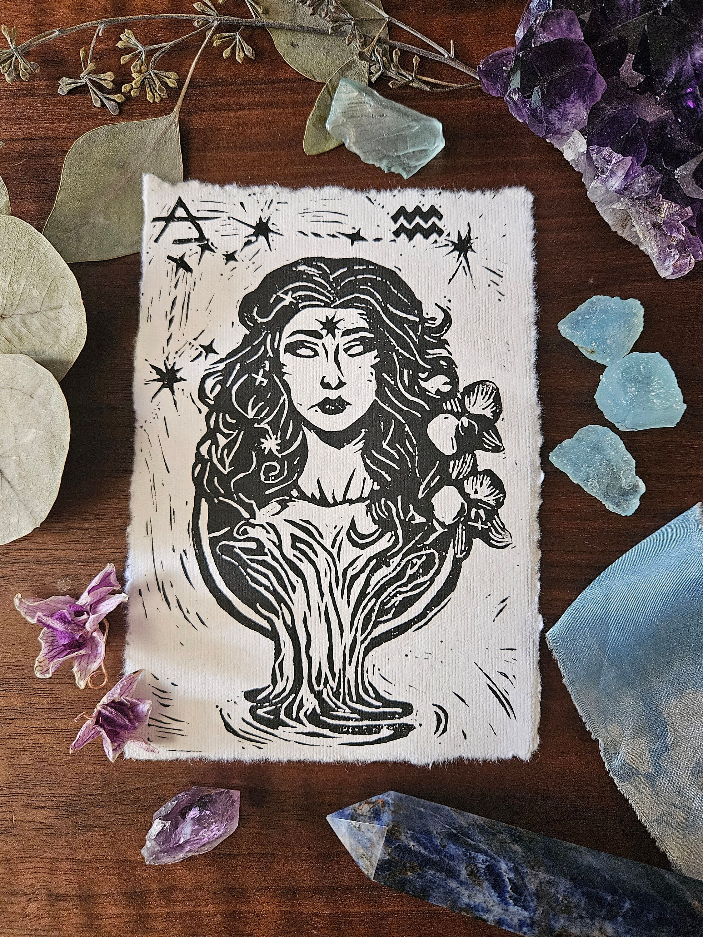Aquarius Zodiac Block Print: Hand-Carved Astrology Art (4"x6")