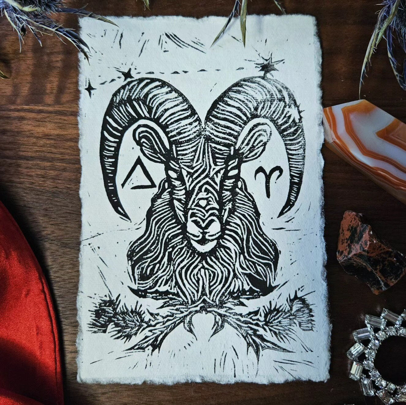Aries Zodiac Hand Carved Block Print Art