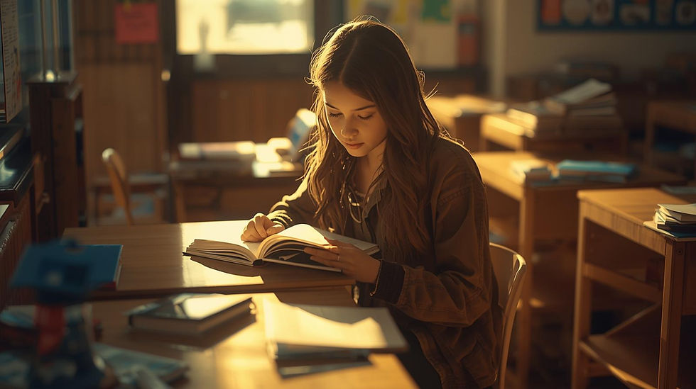 Девушка читает книгу в стунденческой аудитории