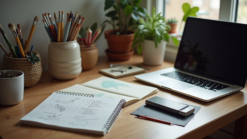 High angle view of a cozy workspace with art supplies and a laptop