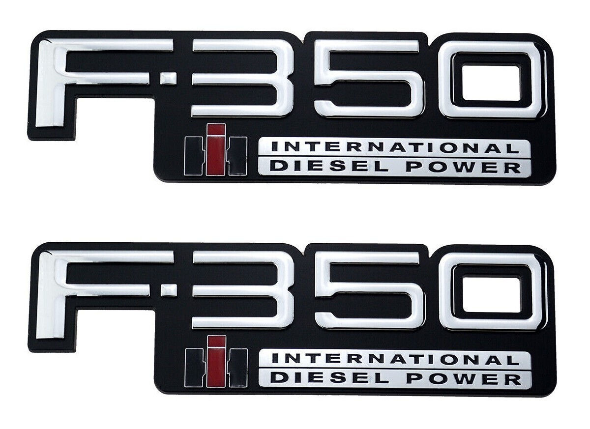 Front View of 1983-1994 Ford F-350 International Diesel Power Fender TEWOBSF350 Nameplate Set
