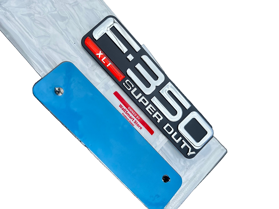 Front and Rear View of of 1999-2004 Ford F-350 XLT Super Duty XLT Fender F81Z-16720 Nameplate Set showing pins and adhesive